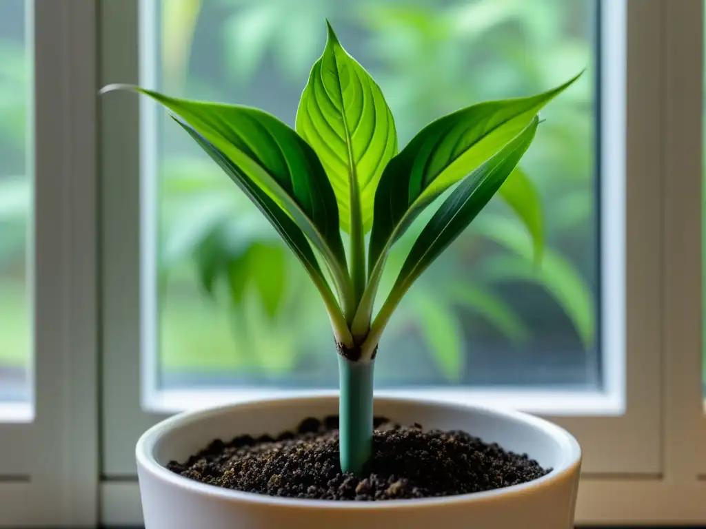 Detalle de riego por goteo casero en planta de interior con tierra y raíces visibles, iluminación natural suave