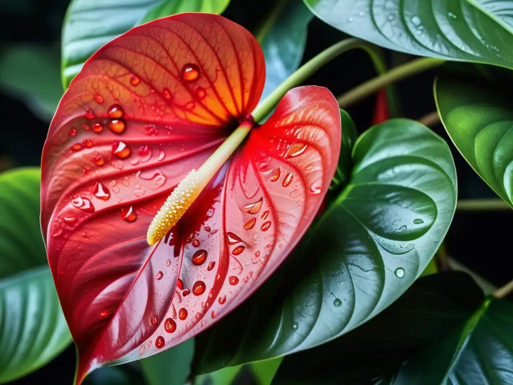 Anthurium rojo con gotas de rocío: belleza tropical en casa Detalle de Anthurium rojo con rocío, rodeado de exuberante follaje tropical
