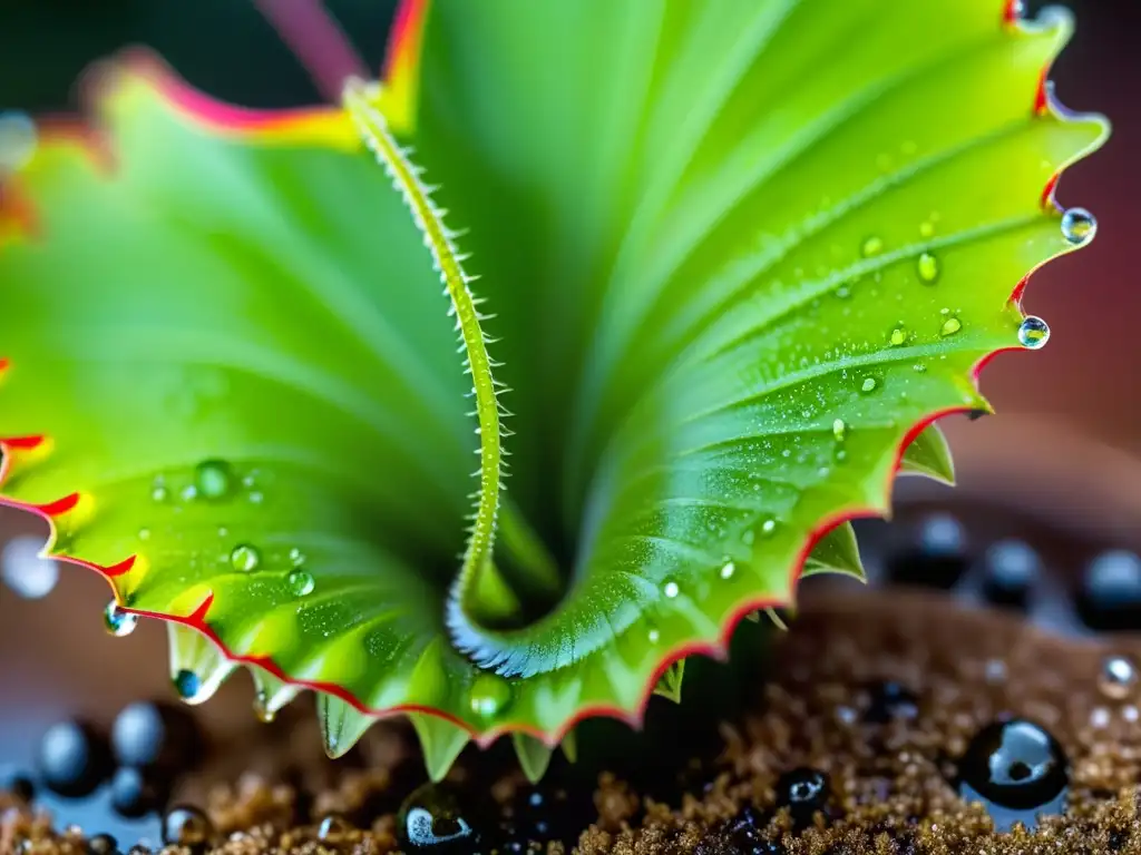 Detalle de una saludable planta carnívora con señales de estrés, hojas vibrantes y agua brillante en las hojas