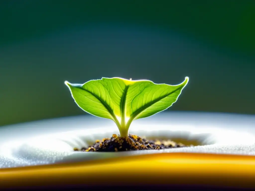 Detalle de una semilla germinando en medio hidropónico, con brote verde emergiendo