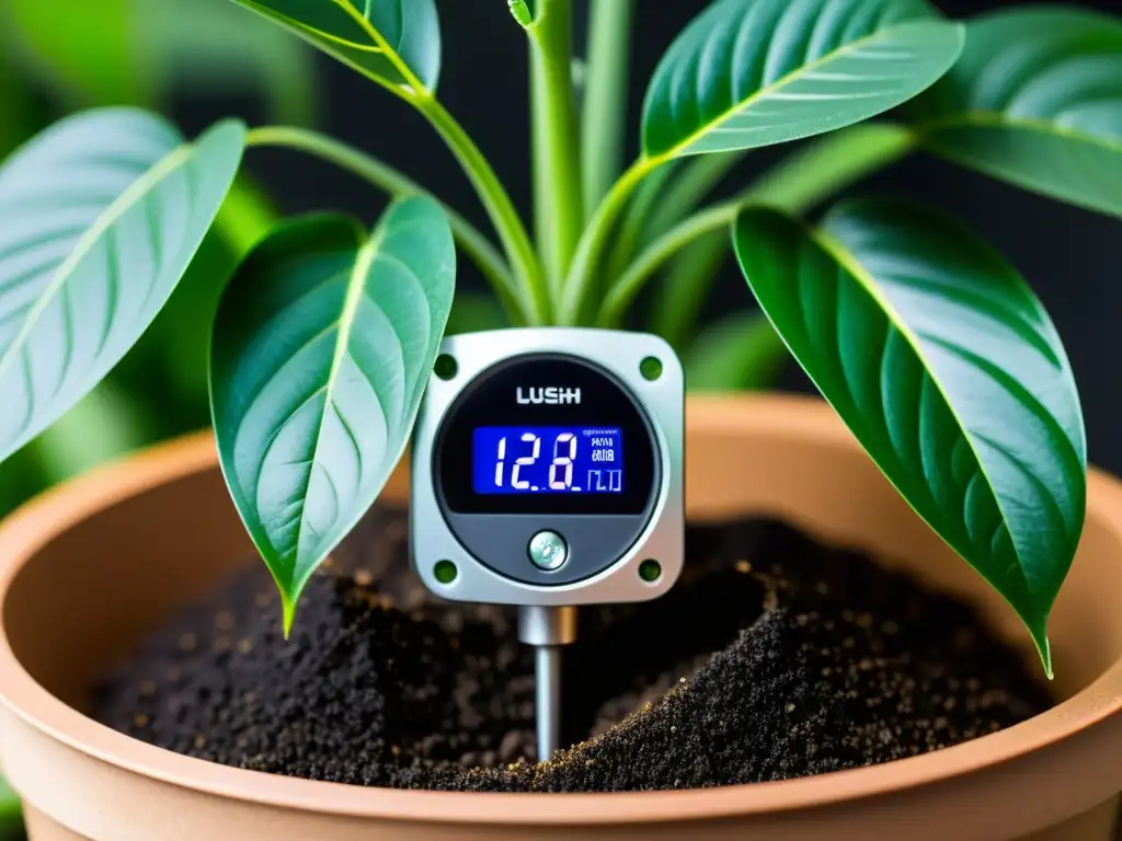 Detalle de sensor de humedad para plantas de interior en suelo de exuberante planta, fusionando tecnología y naturaleza