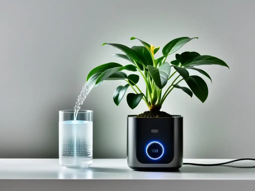 Detalle de sistema de riego automatizado para plantas de interior, elegante y sofisticado, con tecnología avanzada en un fondo blanco