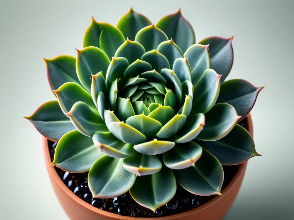 Detalle de suculenta con gotas de agua en hojas, en maceta minimalista blanca