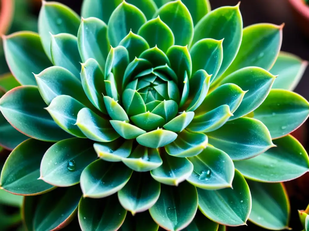 Detalle de suculenta Echeveria 'Raindrops' con gotas de agua, perfecta para principiantes en suculentas raras