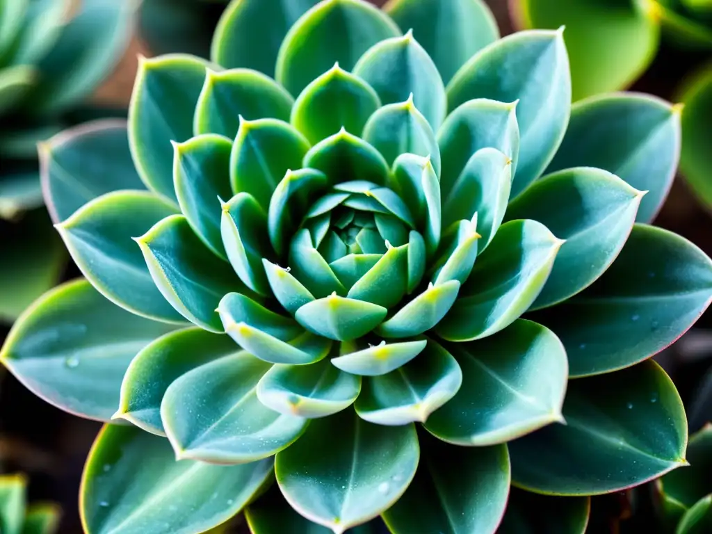 Detalle de suculenta Echeveria 'Raindrops' con patrón de gotas de agua, resaltando su belleza simétrica