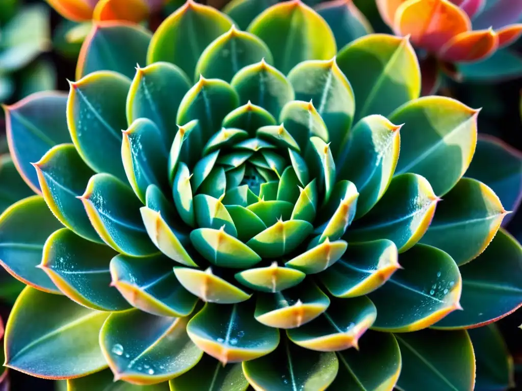 Detalle de suculenta rara con hojas geométricas de colores pastel cubiertas de gotas de rocío