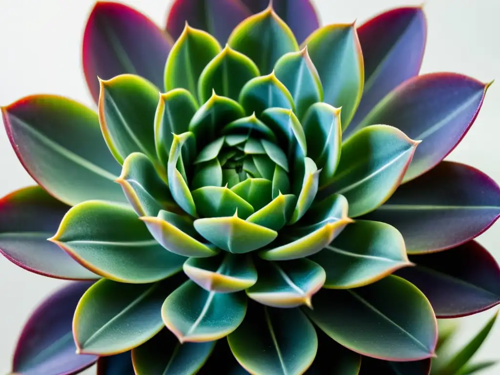 Detalle de suculenta rara con hojas geométricas en tonos verdes y morados