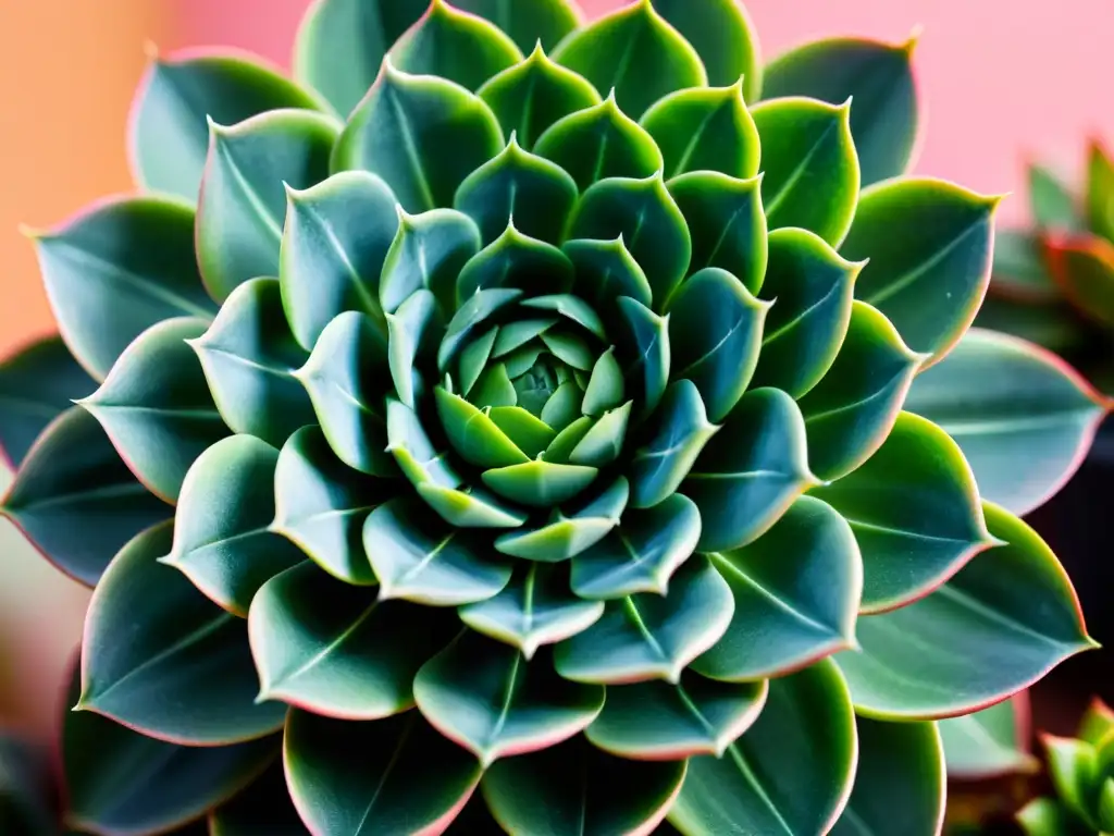 Detalle de una suculenta rara con hojas variegadas en espiral