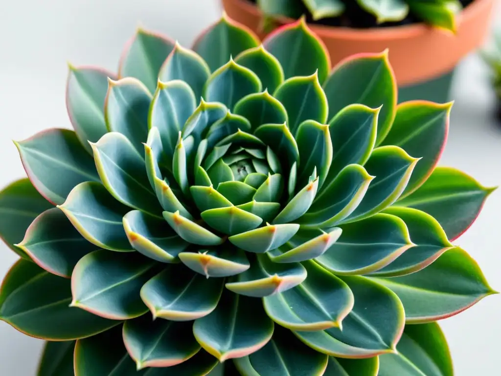 Detalle de suculenta rara con hojas geométricas, con gradiente de colores y gotas de agua, evolución suculentas raras cuidado planta