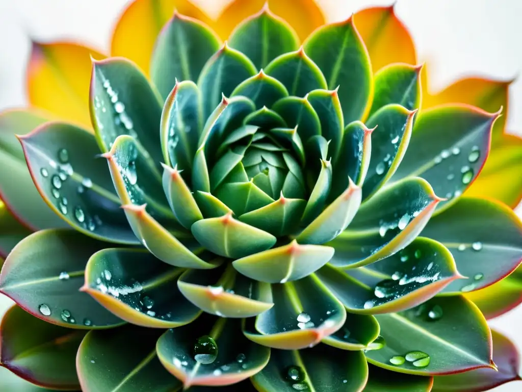 Detalle de suculenta rara con patrones únicos en hojas verdes, gotas de agua y fondo blanco resaltando su belleza natural