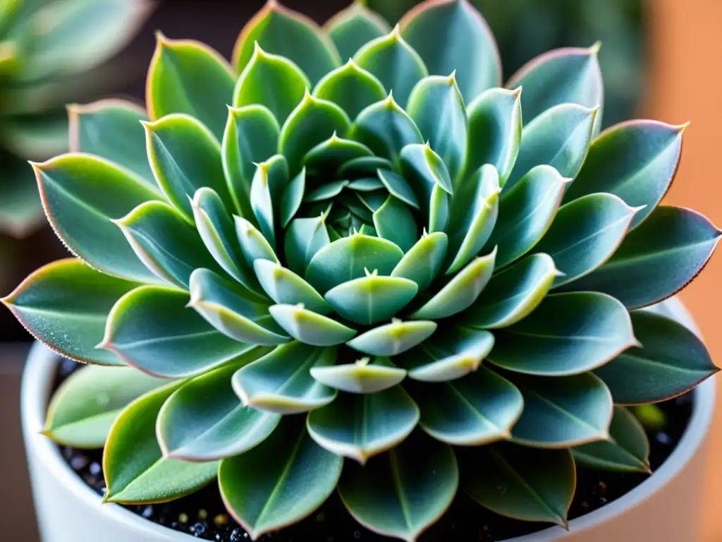 Detalle de suculenta rara con patrones intrincados, hojas brillantes, en maceta blanca moderna, luz solar suave