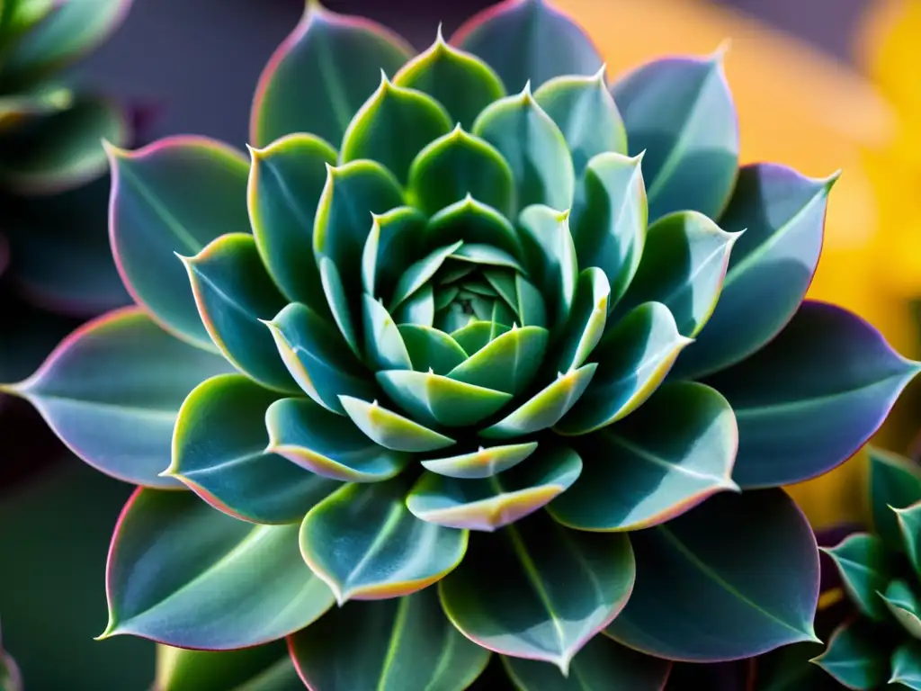 Detalle de una suculenta rara con patrones geométricos, bañada en luz etérea