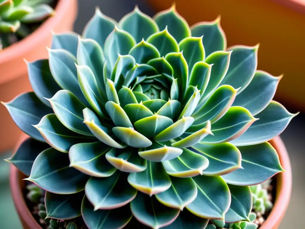 Detalle de una suculenta rara en evolución, con patrones intrincados y colores vibrantes en una elegante maceta moderna, bañada en luz natural