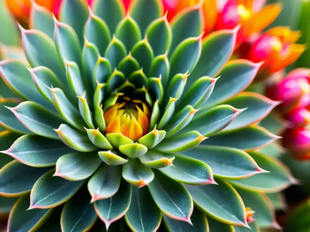 Detalle de suculenta rara con tallos verdes y amarillos, flores rosas y naranjas