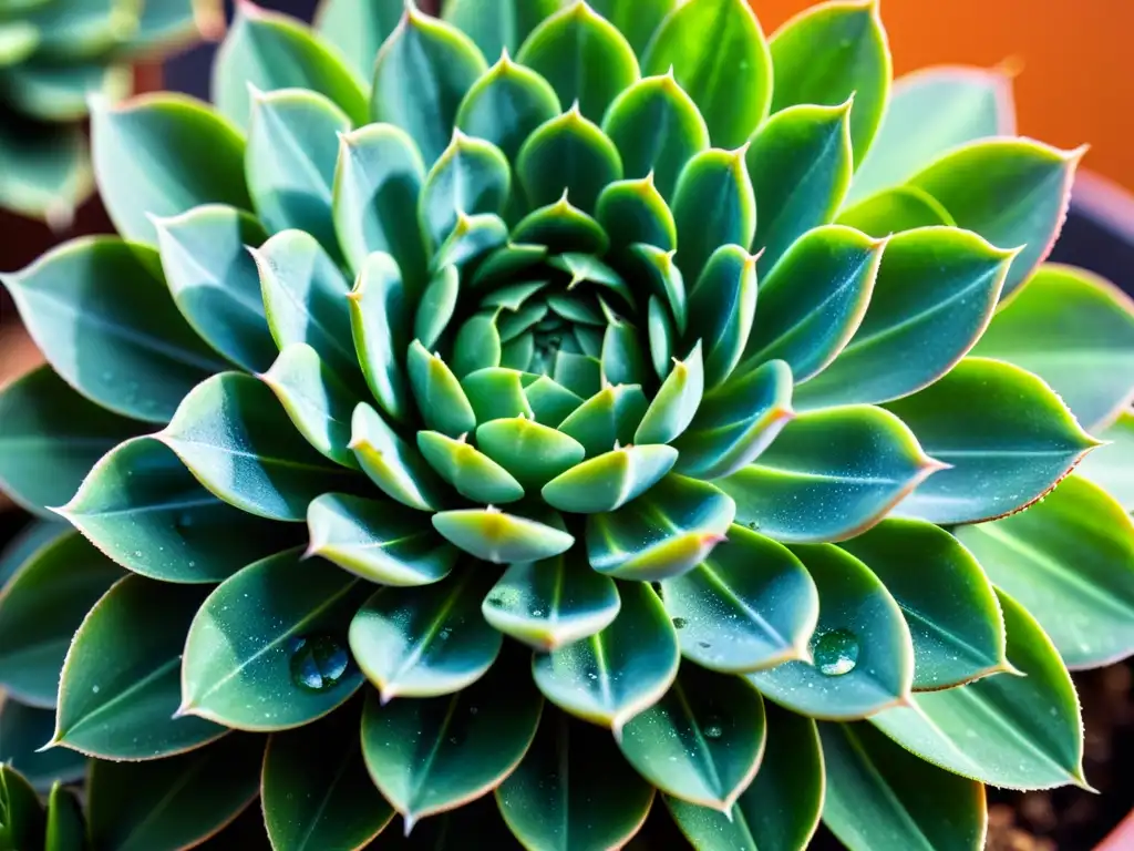 Detalle de suculenta verde con gotas de agua, iluminada por el sol