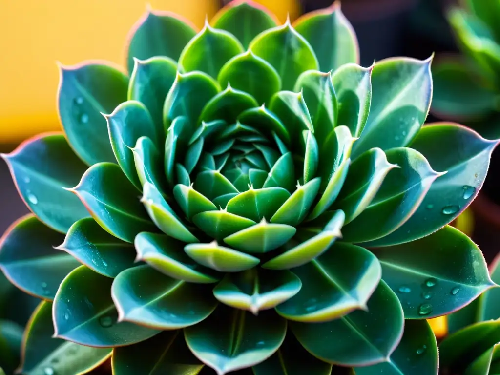 Detalle de suculenta verde con gotas de agua, bañada por la luz del sol