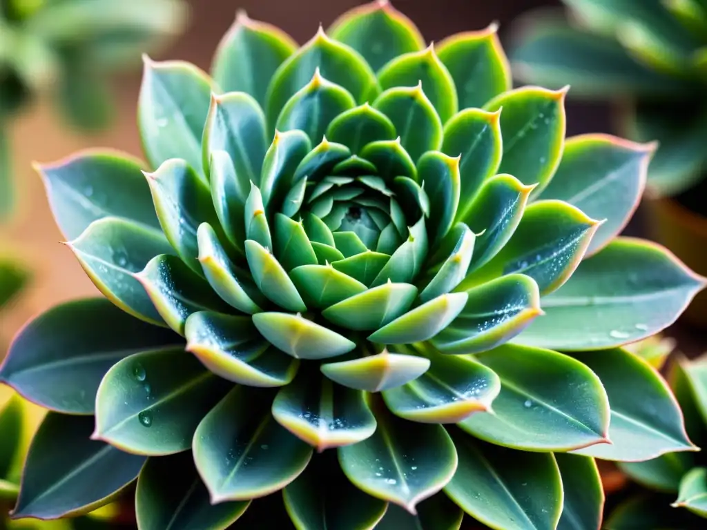 Detalle de suculenta verde con gotas de agua