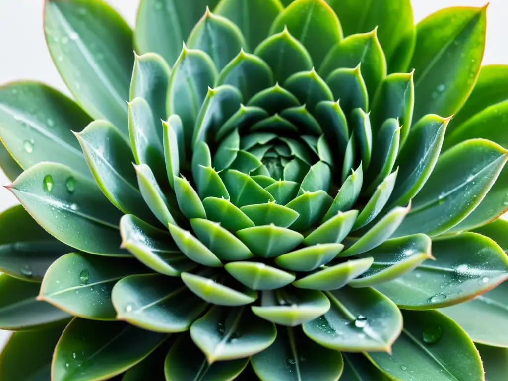 Detalle de suculenta verde con gotas de agua, en fondo blanco