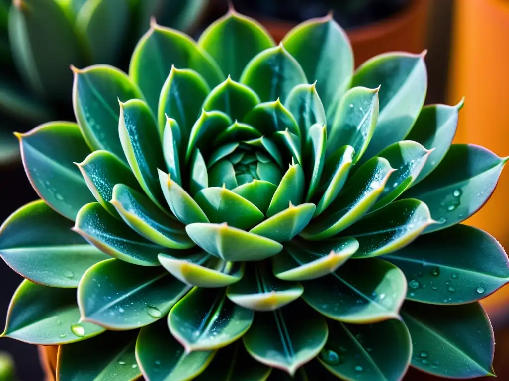 Detalle de suculenta verde con gotas de agua, revelando patrones y texturas