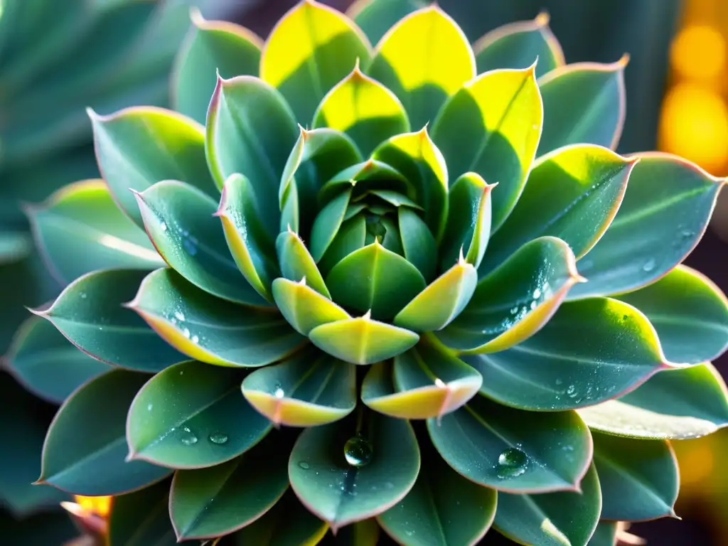 Detalle de suculenta verde con gotas de agua, iluminada por el sol