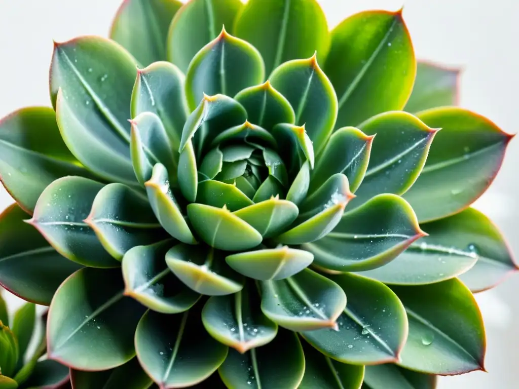 Detalle de suculenta verde con gotas de agua, patrones naturales hipnóticos