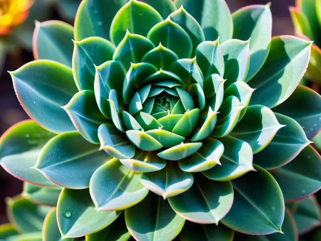 Detalle de suculenta Echeveria verde con hojas en espiral, luz solar y gotas de agua