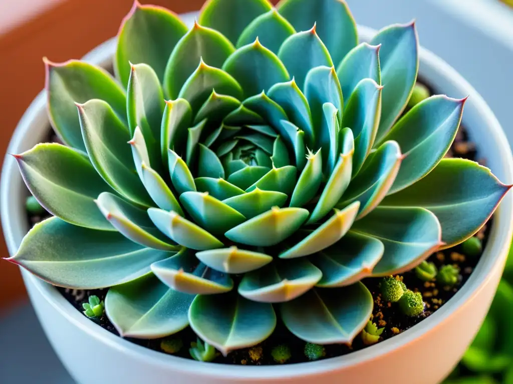 Detalle de suculenta verde en maceta blanca, iluminada por luz natural