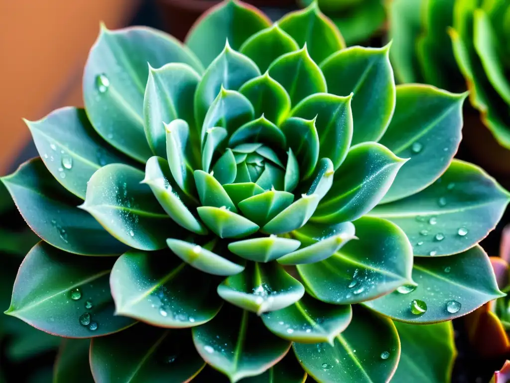 Detalle de una suculenta verde vibrante con gotas de rocío, mostrando la belleza natural de las plantas de interior