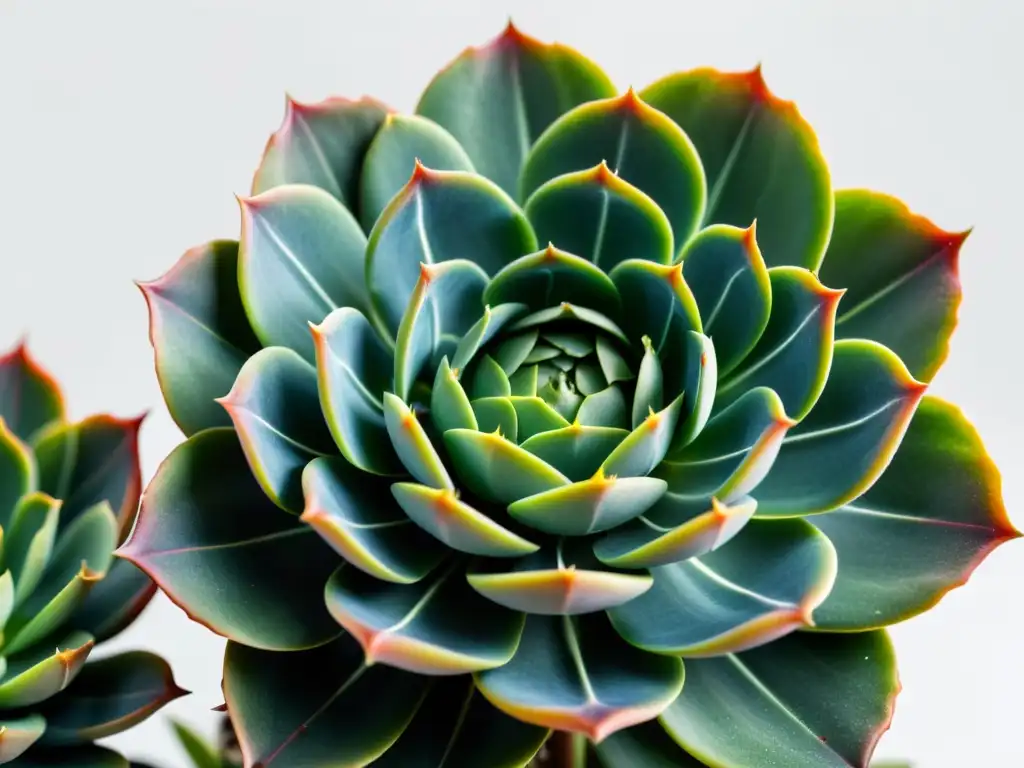 Detalle de suculenta vibrante en fondo blanco, evocando calma y propagación fácil plantas resistentes interiores