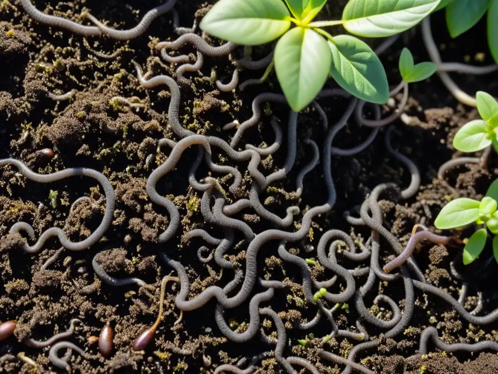 Detalle de suelo húmedo y fértil con lombrices, hongos y raíces, ideal para el cuidado del suelo para plantas tropicales