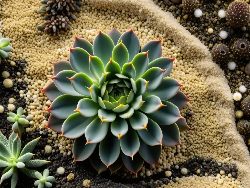 Detalle del suelo perfecto para suculentas, con una mezcla precisa de perlita, arena gruesa y componentes terrosos, iluminados por luz natural