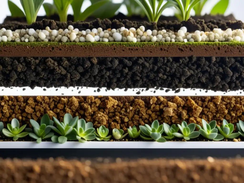 Detalle de sustrato innovador para horticultura urbana, con capas de coco, perlita, vermiculita y compost orgánico