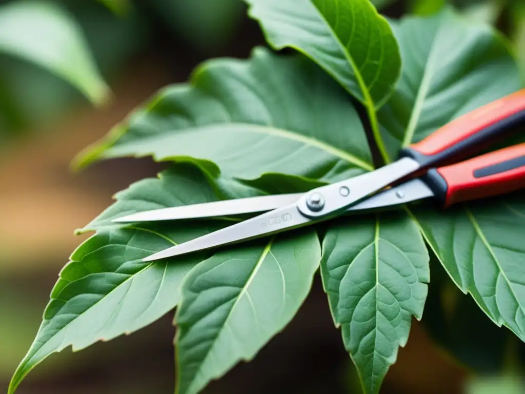 Detalle de unas tijeras de jardinería cortando cuidadosamente una hoja enferma de una planta sana y exuberante