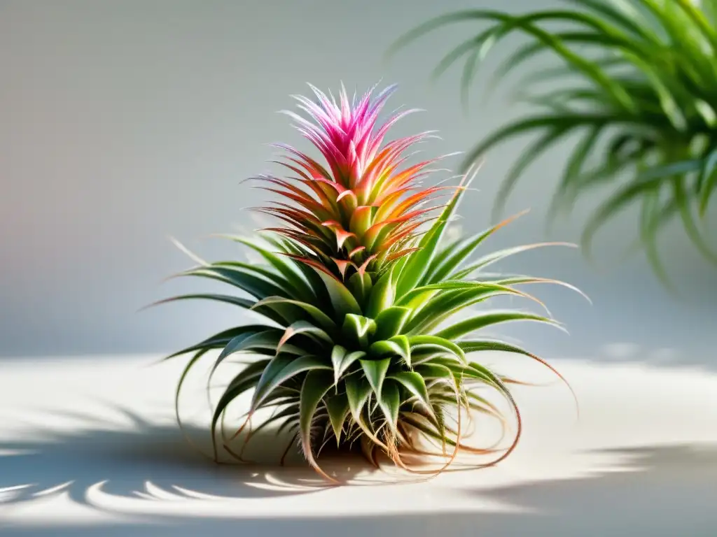 Detalle de Tillandsia ionantha, planta aérea resistente para principiantes, con hojas verdes vibrantes y un toque rosa delicado en el centro