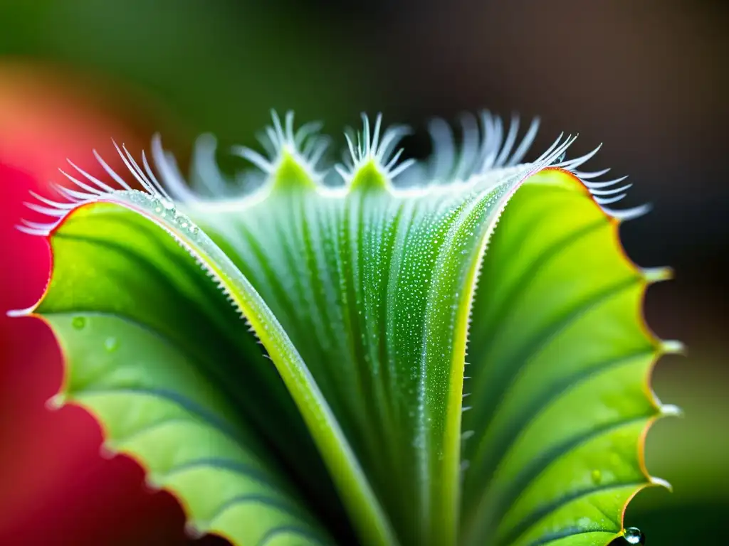 Detalle de una trampa de Venus con su estructura delicada y redes de pelos, brillando con rocío en la luz suave de la mañana, mostrando la belleza única de esta planta carnívora y la importancia de técnicas de riego para plantas carnívoras