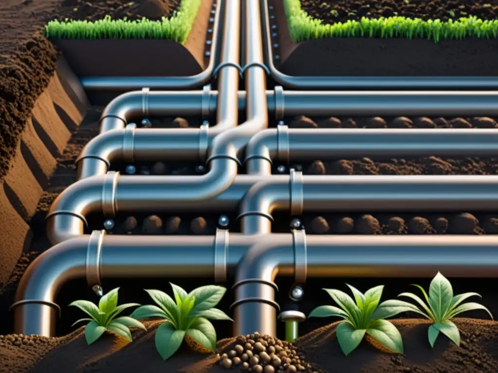 Detalle de tuberías subterráneas rodeadas de tierra húmeda y plantas, mostrando un sistema de riego subterráneo para plantas de interior