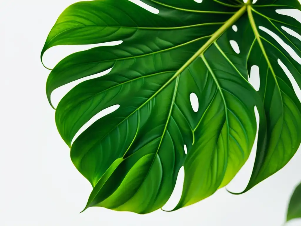 Un detalle ultradetallado de una exuberante planta monstera deliciosa, con patrones y texturas visibles en cada hoja