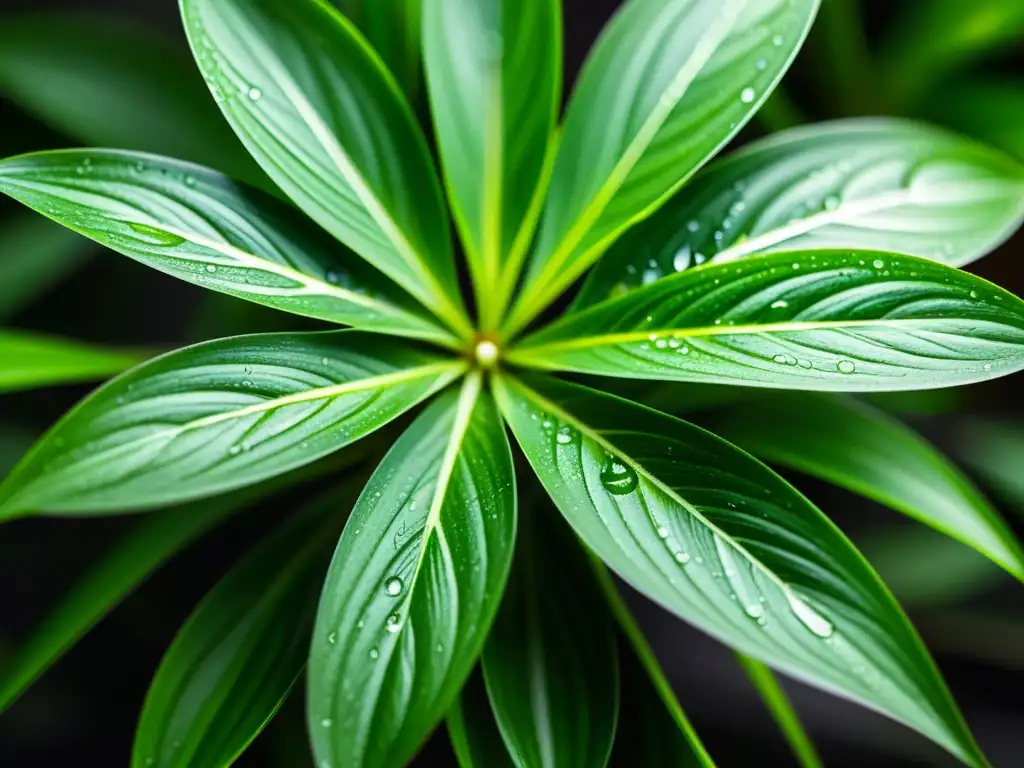 Un detalle ultradetallado de una exuberante planta araña con gotas de agua en sus hojas variegadas