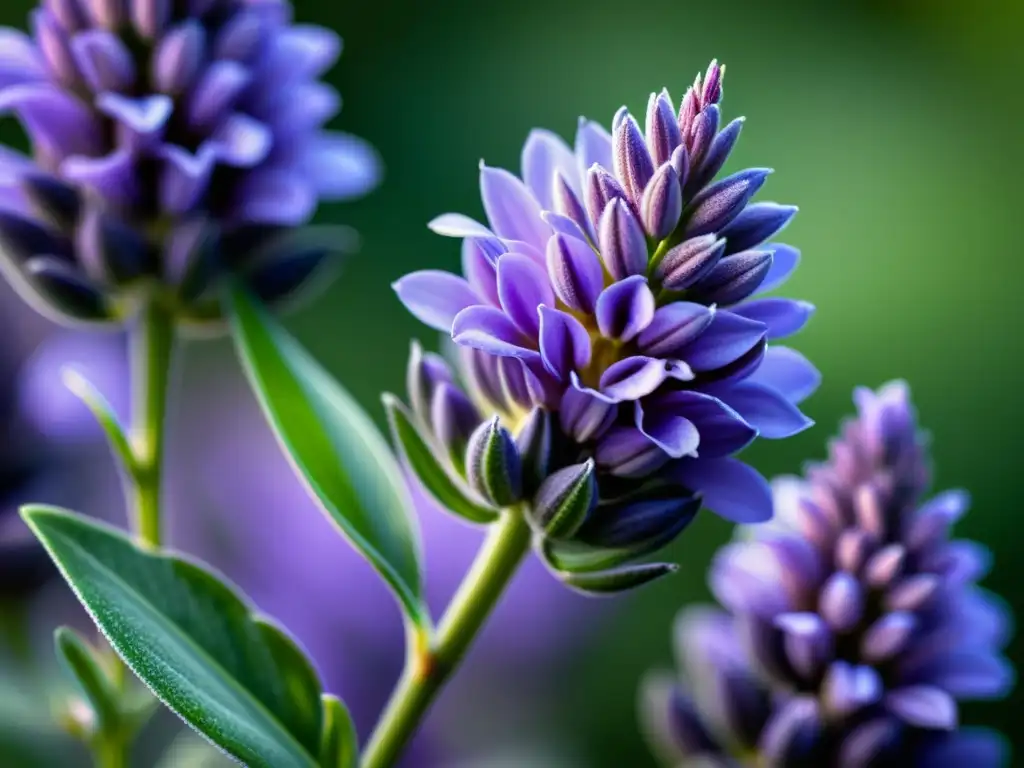 Detalle ultradetallado de una flor de lavanda morada en un suave fondo borroso