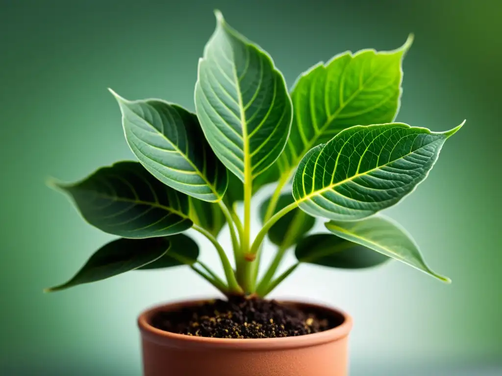 Detalle ultradetallado de una planta de interior sana con hojas verdes vibrantes, resaltando la micropropagación de plantas de interior