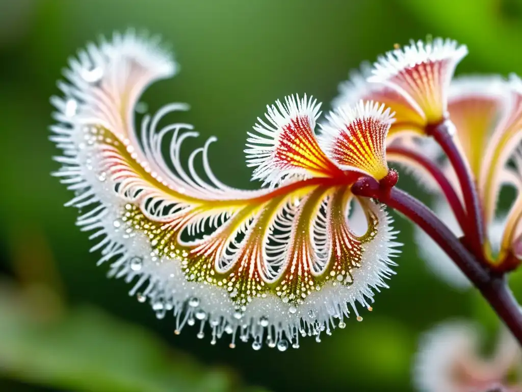 Detalle ultradetallado de una planta Drosera con tentáculos pegajosos brillantes, destacando su belleza única