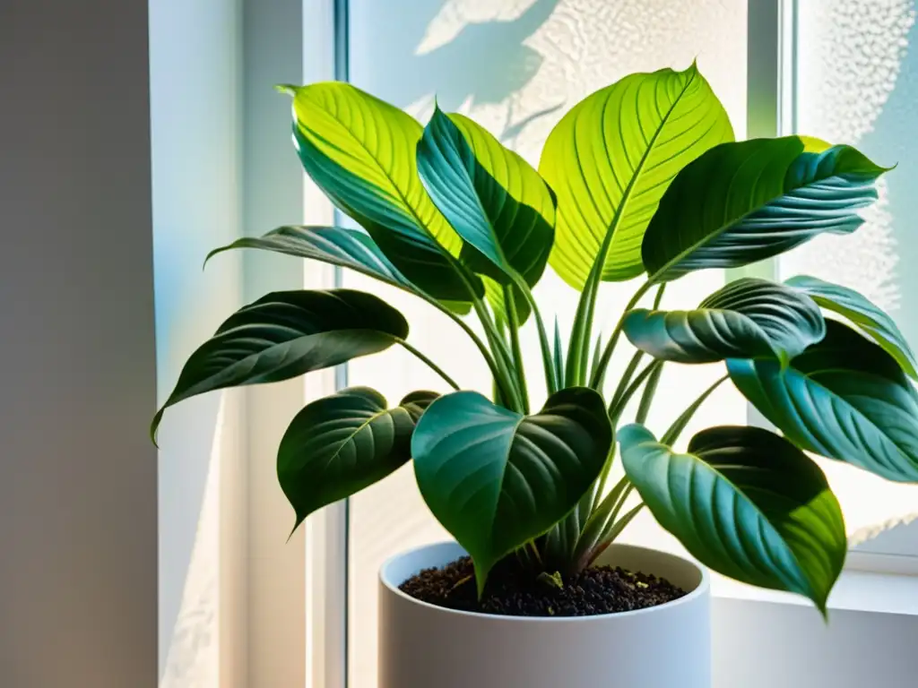 Un detalle ultranítido de una exuberante planta verde en un soporte blanco, con luz natural y sombras suaves