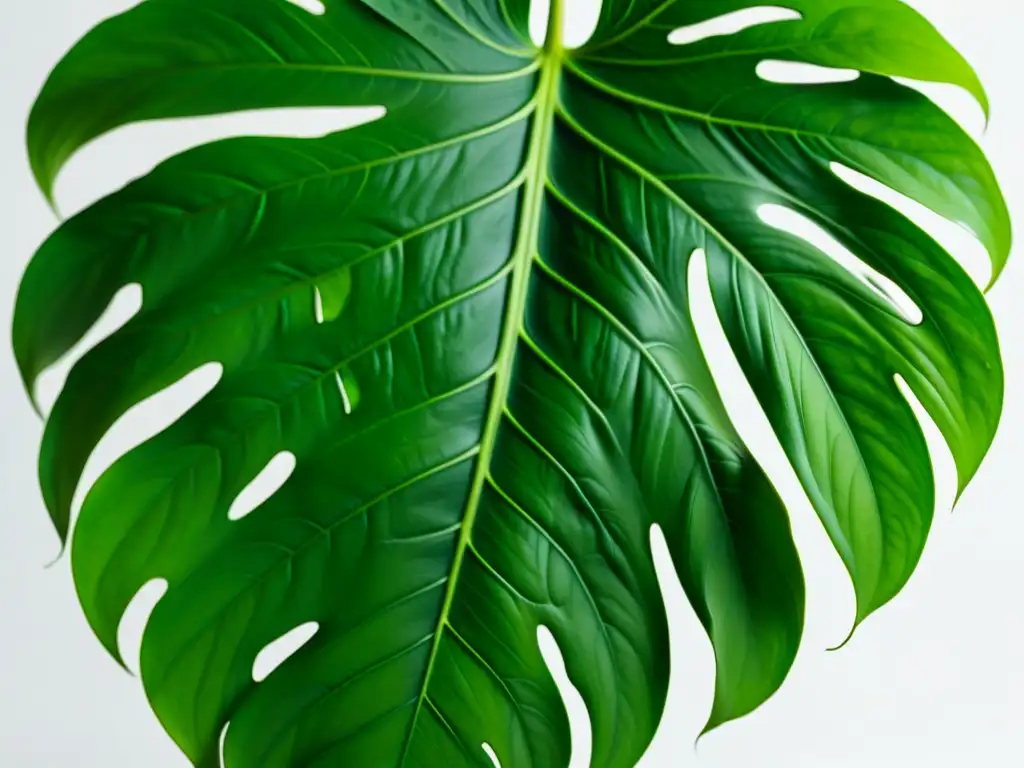 Detalle ultrarrealista de una exuberante hoja de monstera deliciosa en un fondo blanco, resaltando sus patrones y texturas