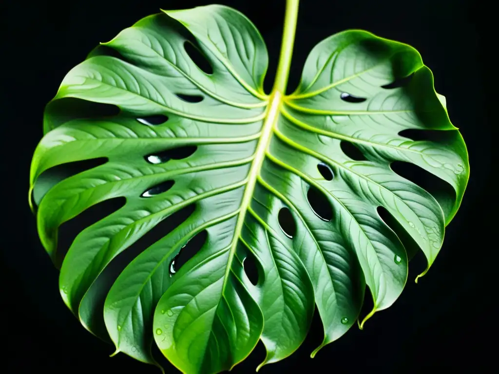 Detalle ultrarrealista de hoja de Monstera Deliciosa desplegándose desde un capullo verde vibrante