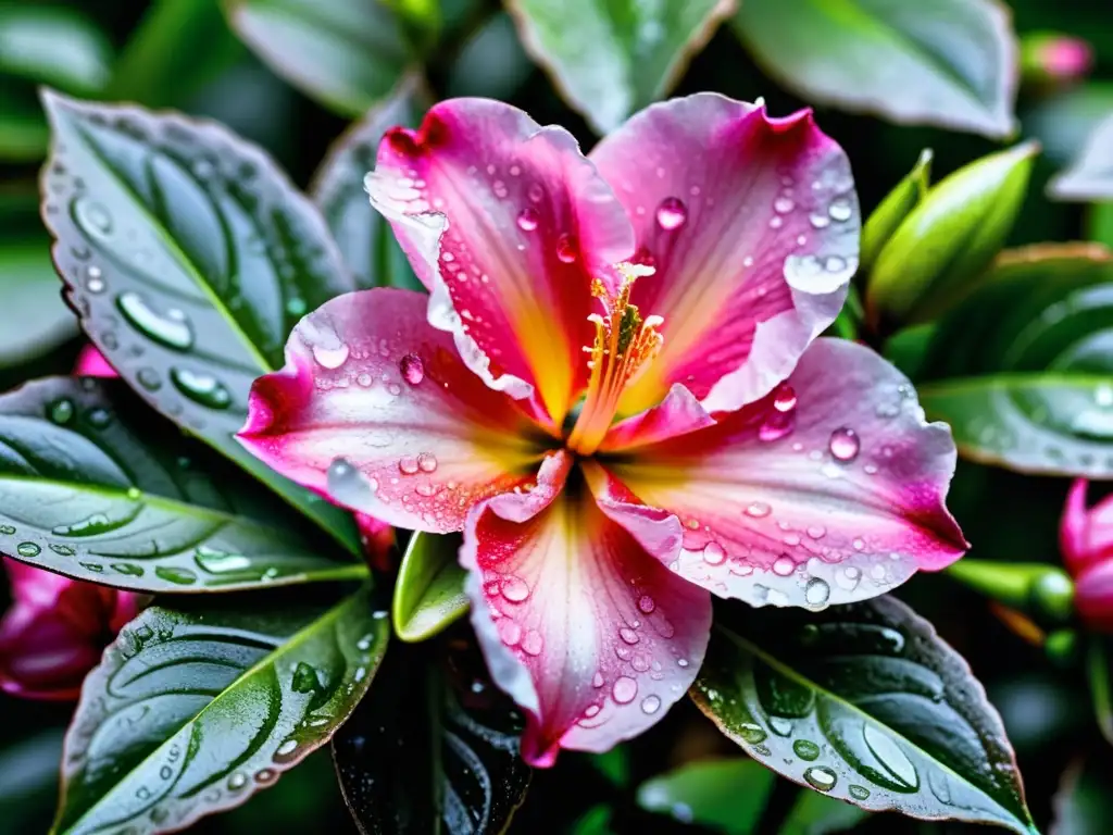 Detalle ultravívido de una azalea rosa con gotas de agua, resaltando la importancia del riego en floración