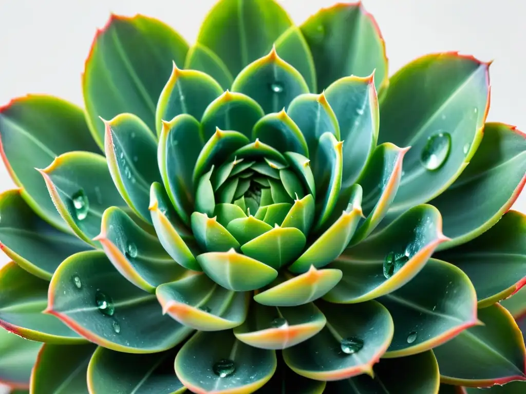 Detalle ultravívido de una suculenta Echeveria verde con gotas de agua, destacando su belleza natural