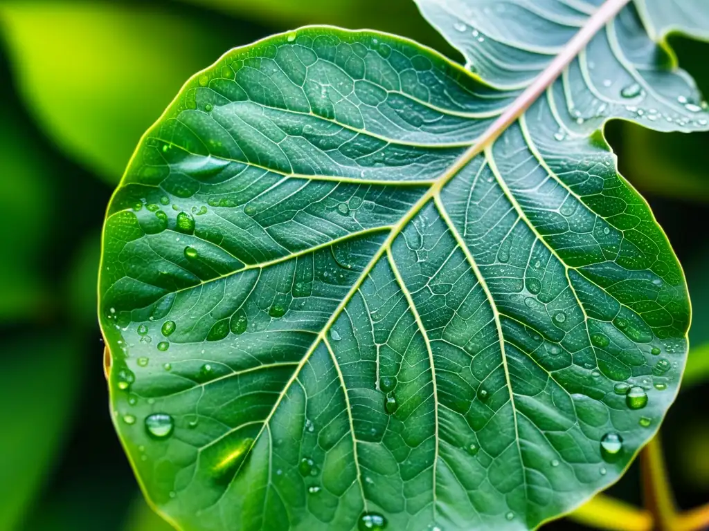 Detalle de las venas de una hoja de Ficus filosófico en tono verde vibrante, evocando tranquilidad y conexión con la naturaleza