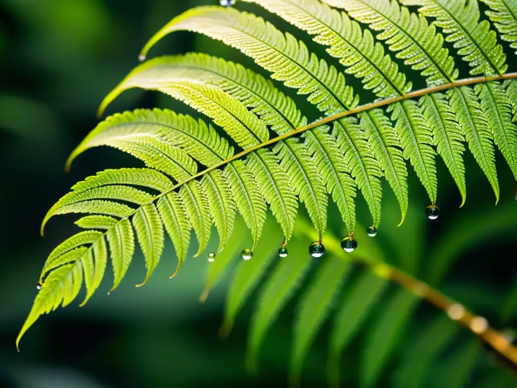 Detalle de helecho verde con adaptación a climas, red de esporas y venas en un ambiente húmedo y luminoso