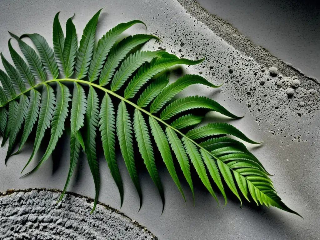Follaje exuberante en concreto pulido: mezcla de texturas y colores Detalle de helecho verde en contraste con concreto pulido