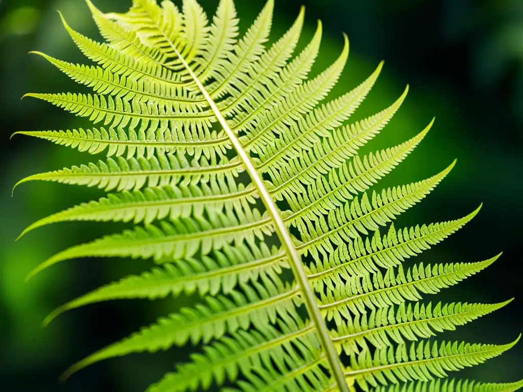 Detalle de helecho verde exuberante bañado por luz natural, mostrando sus patrones y textura